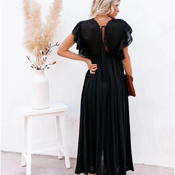 41. CLEARANCE Sheer Black Bohemian Button Flowy Maxi Cover Up Beach Dress kimono - Picture 6 of 7